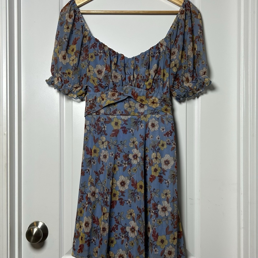 Inspired Hearts Blue Brown Floral Off Shoulder Puff Sleeve Tie Up Mini Dress